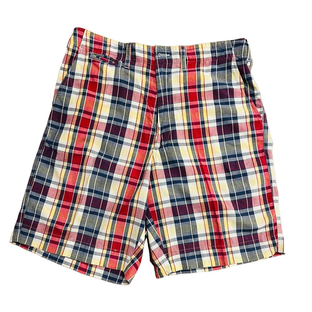Polo Jeans Co Ralph Lauren Madras Red Blue Yellow Plaid Flat Front Shorts Men 36